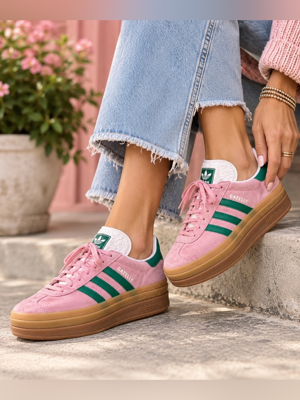 Adidas Gazelle Bold True Pink Green Suede Platform Sneakers 7.5